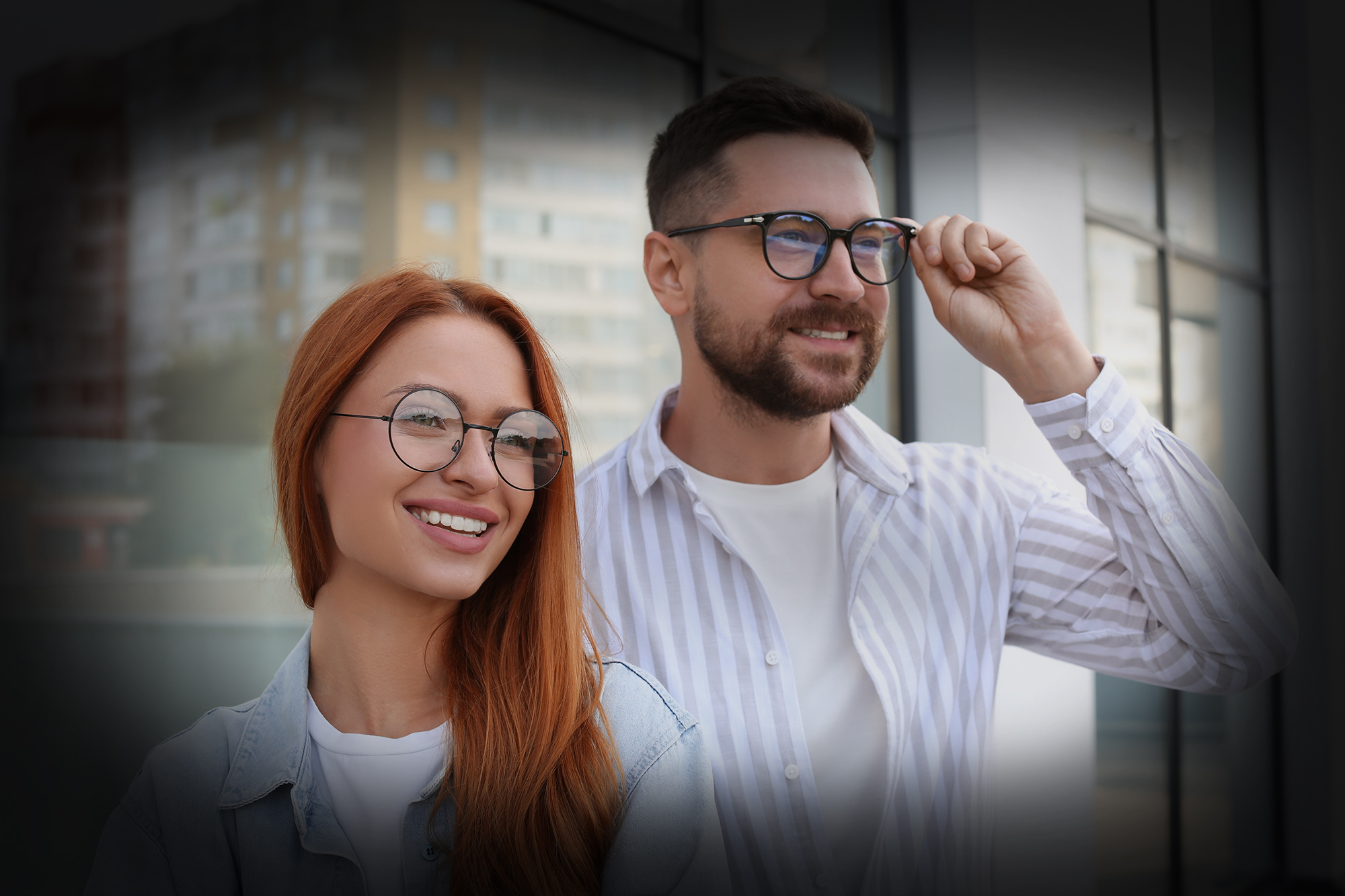 Man and woman modeling modern eyeglasses that combine comfort, clarity, and contemporary style for everyday vision – eye doctor los angeles